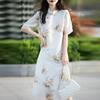 Women's Spring and Summer New Chinese Style Printed Thin All Matching Dress Disc Buckle Show Temperament Vintage Dress