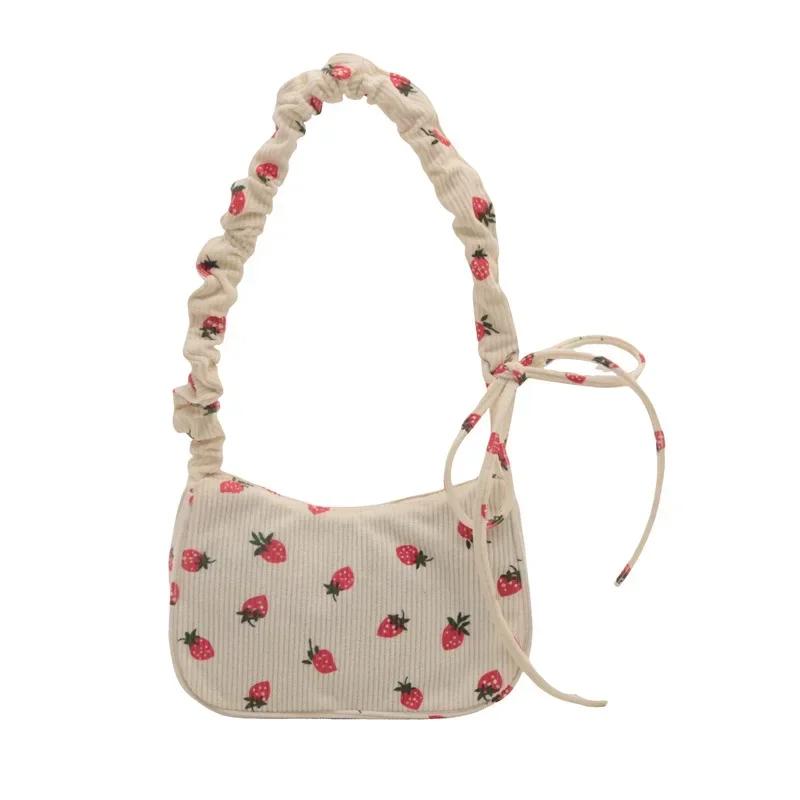 Corduroy Sweet Strawberry Crossbody Bag Cute Small Underarm Bag Fashion Trendy Zipper Handbag Mini Shoulder Bags Tote