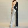 Women Jumpsuit One Shoulder One Sleeve Suit Coat Dress Patchworl Shiny Sequin Asymmetric Color Matching Wide Leg Tight Waist Prom Party Jumpsuit