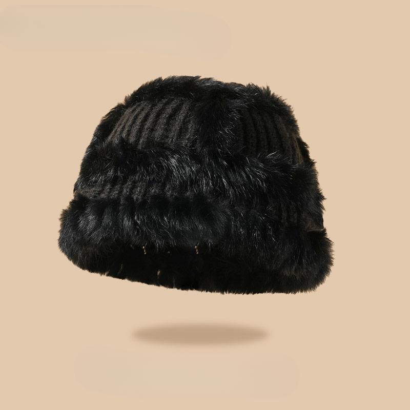 Вязаная шапка-ведро из меха кролика, женская, зима 2023, новая плюшевая утолщенная термошапка с изображением маленького лица