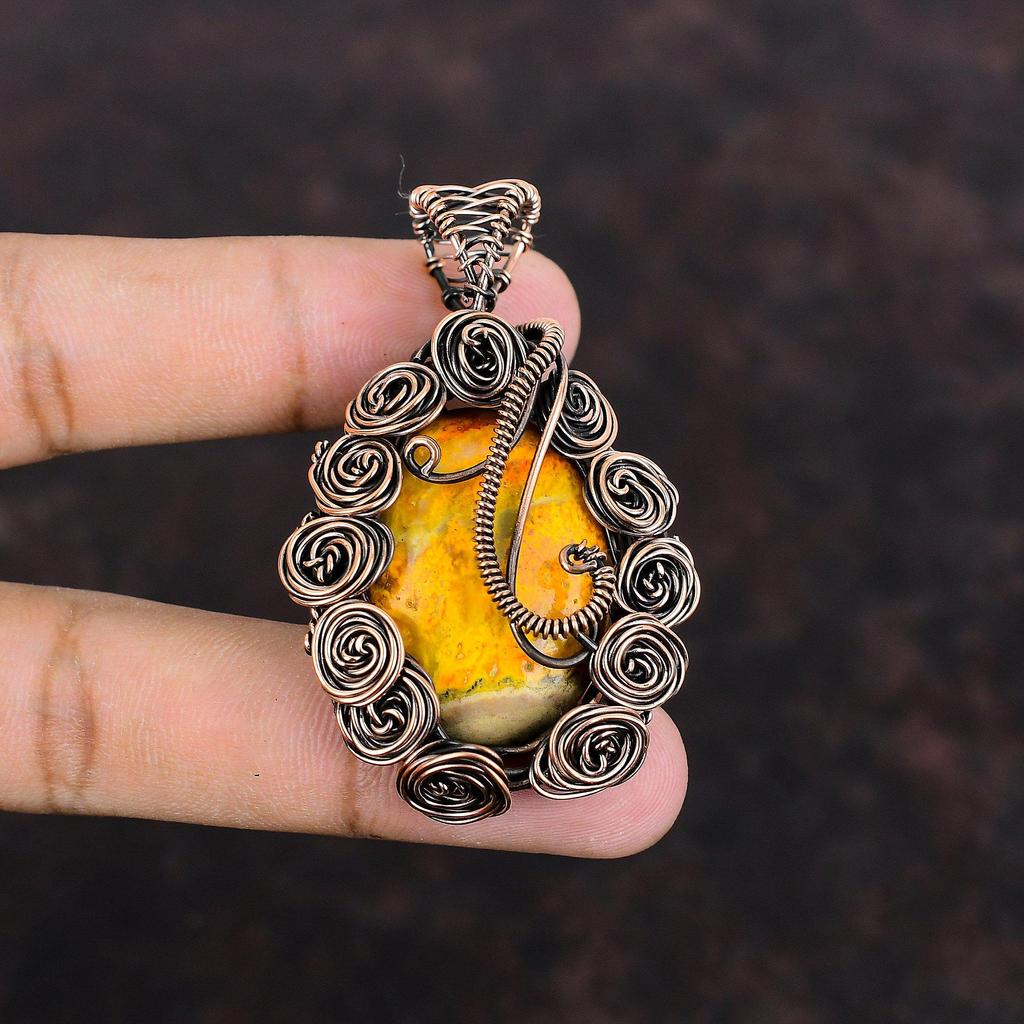 Bumble Bee Jasper Pendant Copper Wire Wrapped Jewelry Handmade Gemstone Pendant Antique Copper Pendant Dainty Wire Wrap Pendant Gift For Mom