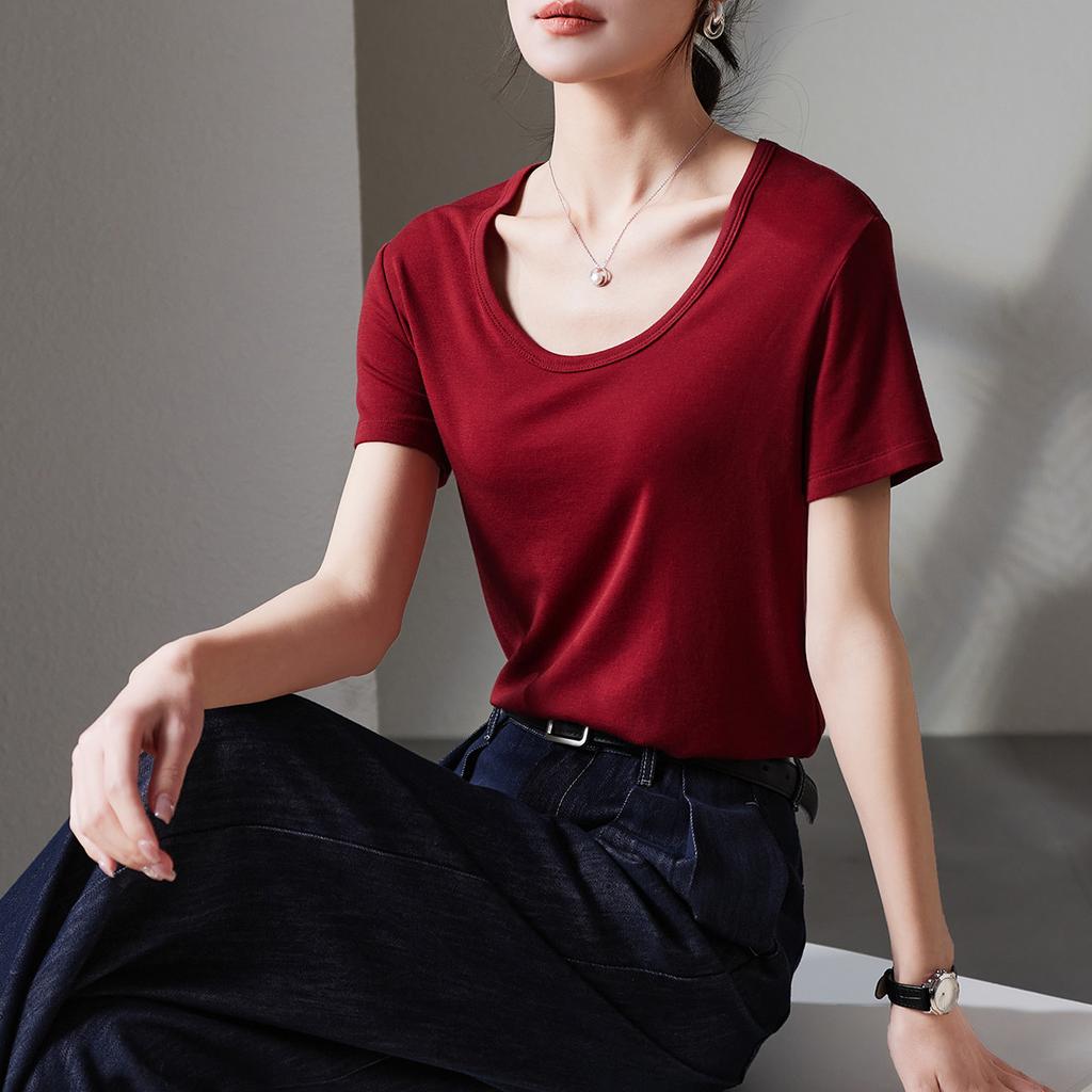 U-neck short sleeved t-shirt for women in summer 2025, fashionable and versatile, slimming solid color casual top