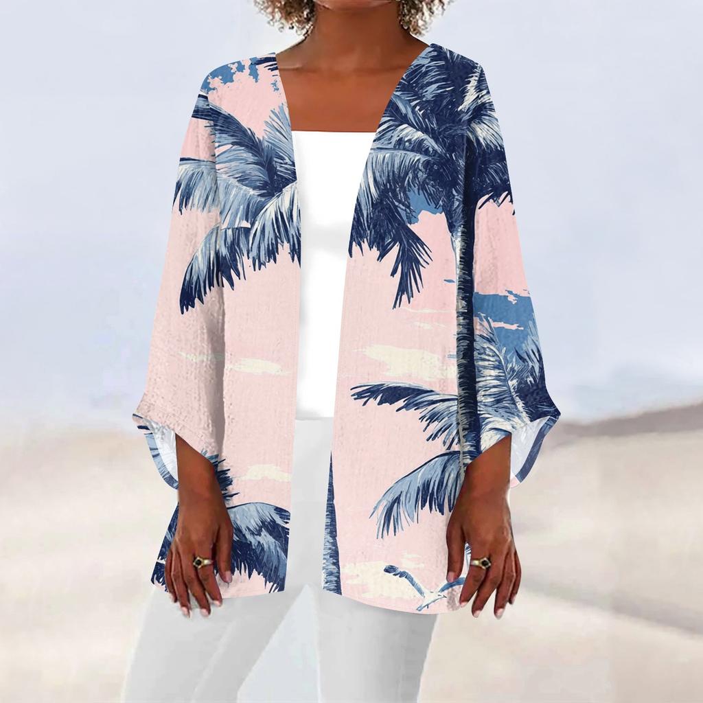 Women's Casual Fashion Beach Ocean Tree Print Lightweight Mid-Length Jacket Cardigan