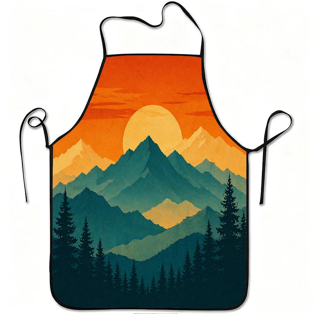1pc Sunset Mountain Landscape Print Apron, Durable And Easy to Clean, Adjustable Waistband, Polyester Material, for Kitchen Cooking, Gardening, Orchar