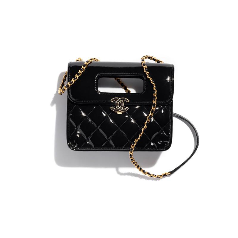 Chanel 23s Ромбовидный узор Цепочка Кожаная цепочка Лакированная кожа Материал Золотая фурнитура Ручная сумка-мессенджер Мини Женская Черный