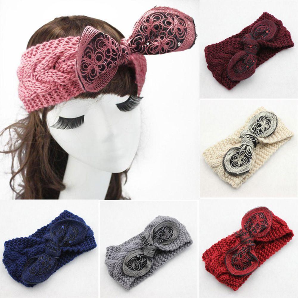 Богемская Женская Девичья Цветочная Повязка на Голову с Бантом и Ушками Кролика Тюрбан Вязаная Крючком Повязка на Волосы