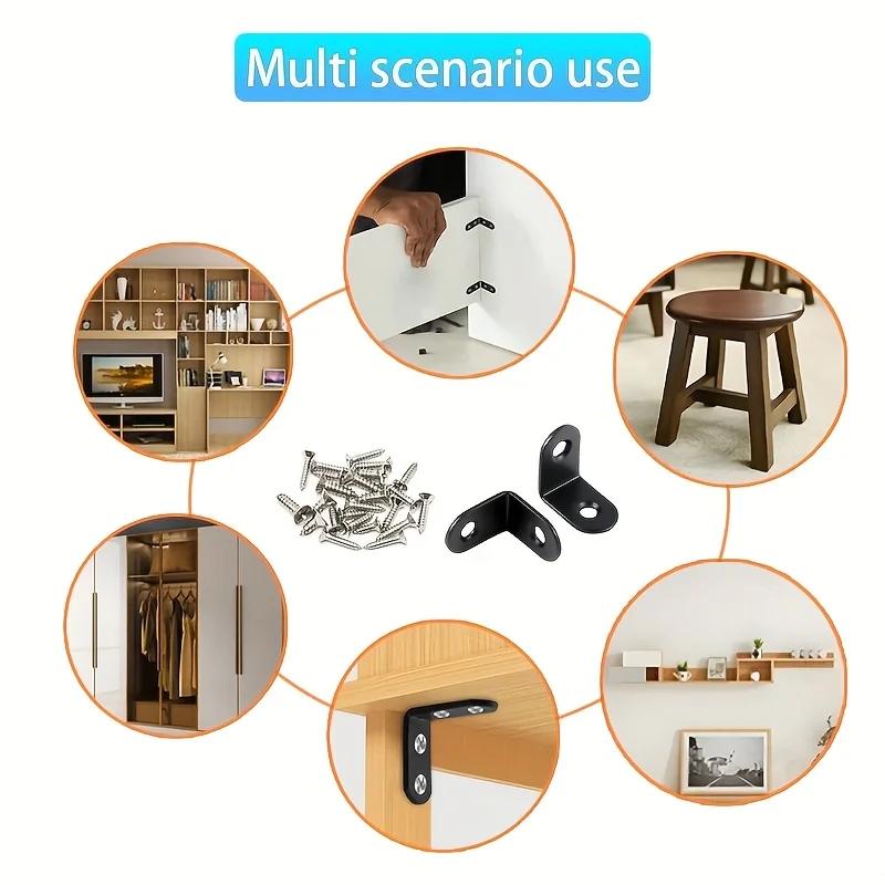 Heavy Duty L-Shaped Corner Brackets 20x20mm Stainless Steel & Black Iron with Screws - 10/20 Sets for Wardrobe/Wall/90° Fixing