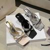 White and Thin~ Cross Rhinestone Bow Temperament Square Head Open-toed High-heeled Slippers Women's Sandals