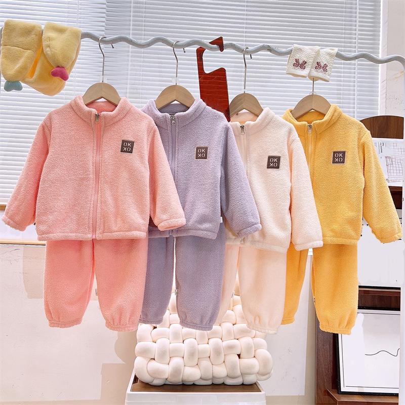 Комплекты Осень Зима Теплые Флисовые Костюмы Кардиган Брюки Наряды Мальчики Девочки Домашняя одежда