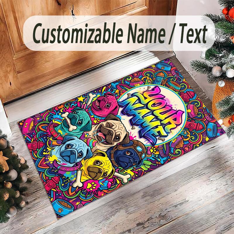 Pug Theme Crystal Velvet Floor Rug Personalized Custom Name Text Warm Carpet Home Decoration