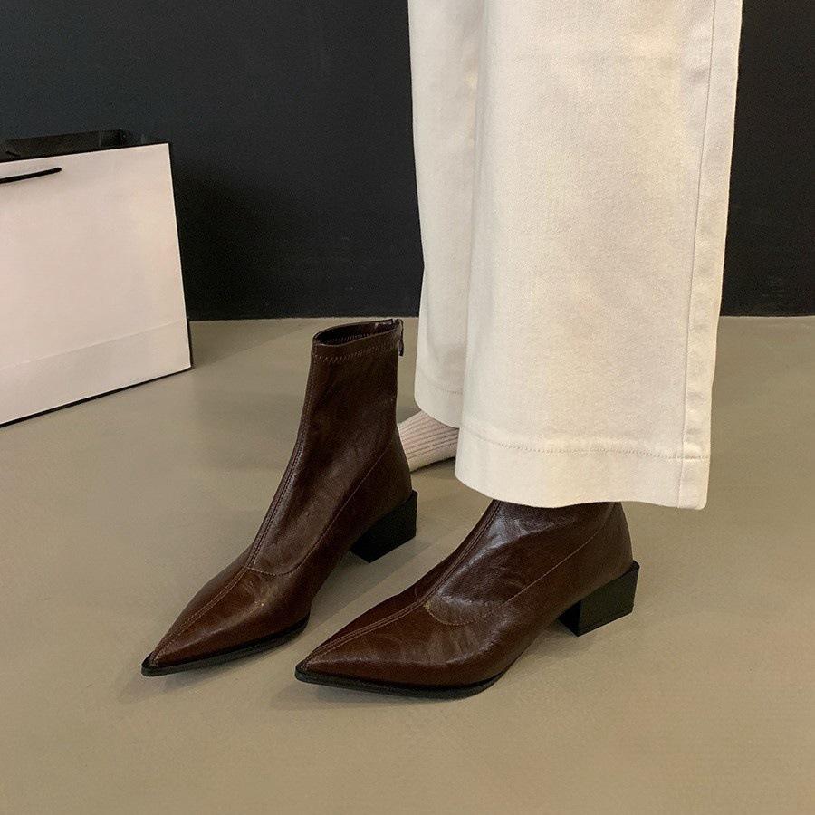 Корейские ботильоны с острым носком на высоком каблуке, короткие ботинки, женская обувь, новинка 2024 года, одинарные ботинки, французские коричневые тонкие ботинки Martin