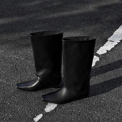 Версия из коровьей кожи~ осень и зима новая корейская версия простых квадратных носков универсальный темперамент низкий каблук рыцарские сапоги женские сапоги-чулки средней длины во