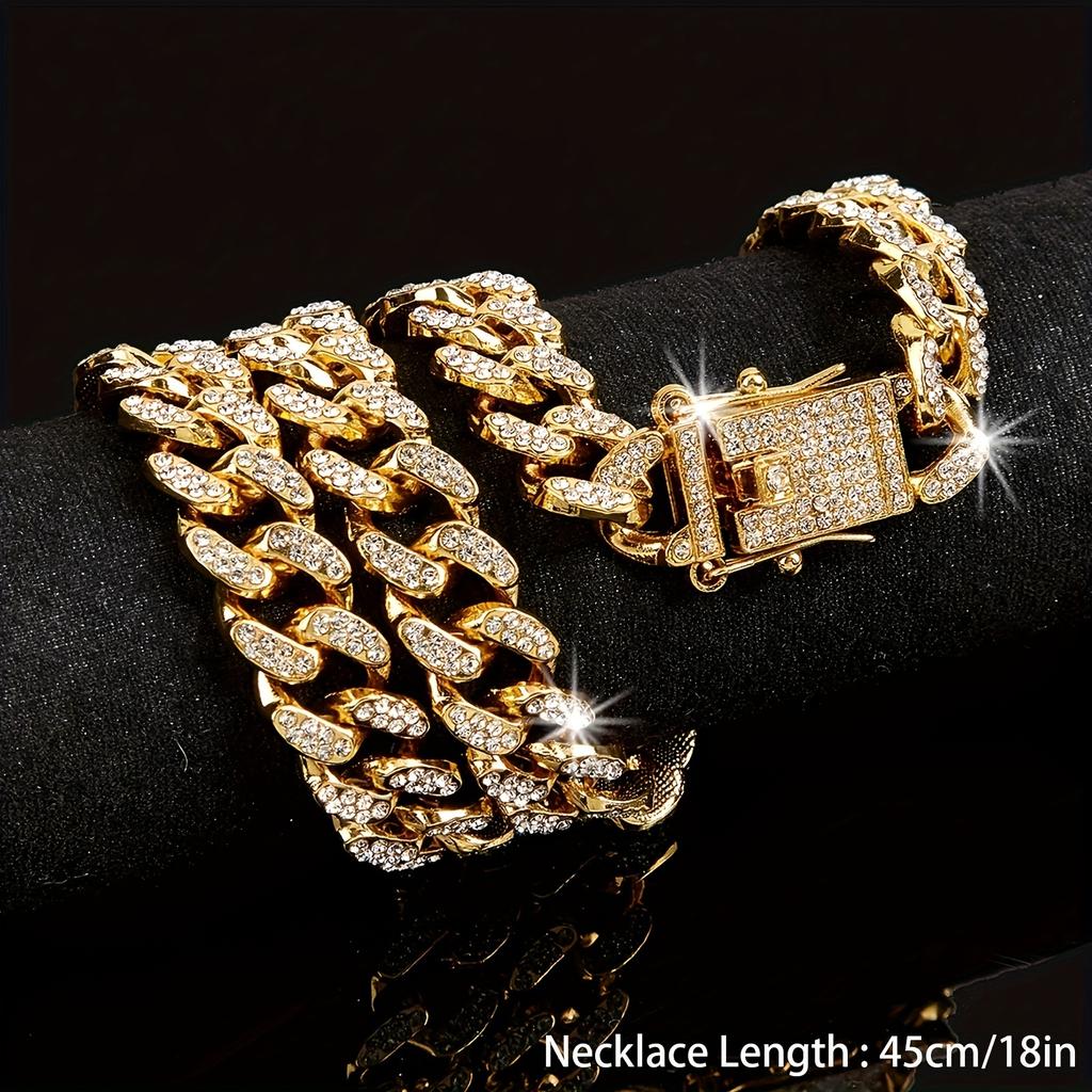 Iced Out Shiny Rhinestone Cuban Chain Necklace/Bracelet Bling Bling Zinc Alloy Jewelry