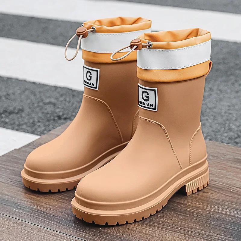 Мода 2024 года, новые ветрозащитные резиновые сапоги для женщин, кожаные резиновые сапоги до середины голени, модные резиновые резинки для женщин, хлопковые водонепроницаемые рабочие ботинки