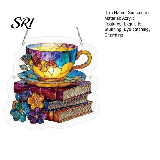 Home Decoration Suncatcher Floral Tea Cup And Book Suncatcher, Stained Glass Effect Window Hanging Ornament, DIY Acrylic Sun Catcher Puzzle