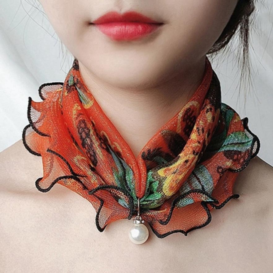 Imitation Pearls Neck Scarf Headwear Decoration Elegant Trendy Chiffon Retro For Women