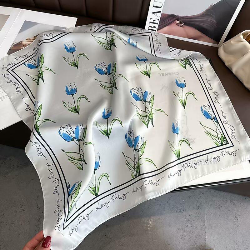 Literary Fresh Square Scarf Headscarf Tulip Silk Scarf Neckerchief Romantic Gentle Hair Tie Decorative Neckerchiefs