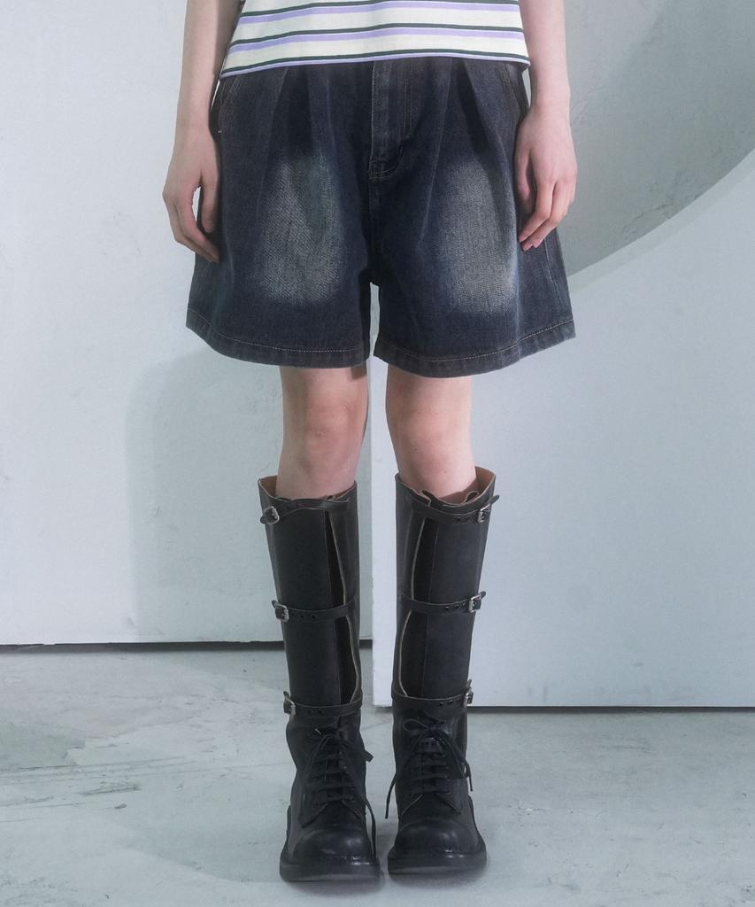 AVANDRESS Double Wrinkle Denim Shorts Deep Blue