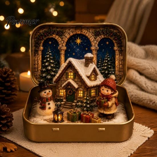 Desktop Christmas Micro Landscape Mini Set in A Tin Box, Pocket Size Holiday Scene Portable Nativity Box with Miniature Figures, Collectible