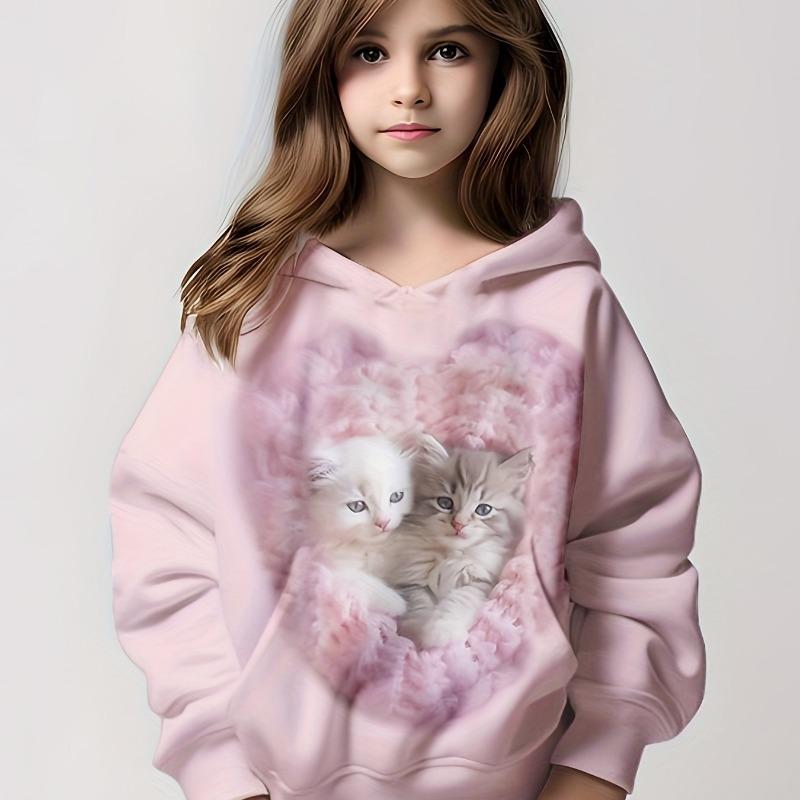 Детская одежда Толстовки с капюшоном с длинным рукавом с принтом мультяшного кота Осенняя детская одежда для девочек Kawaii Girl Top Outdoor Kids Girl Clothing