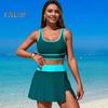 2Pcs/Set Women Tankini Set Low O-Neck Sleeve Tank Tops Tummy Control Side Split Skorts Set Patchwork Color Swimwear