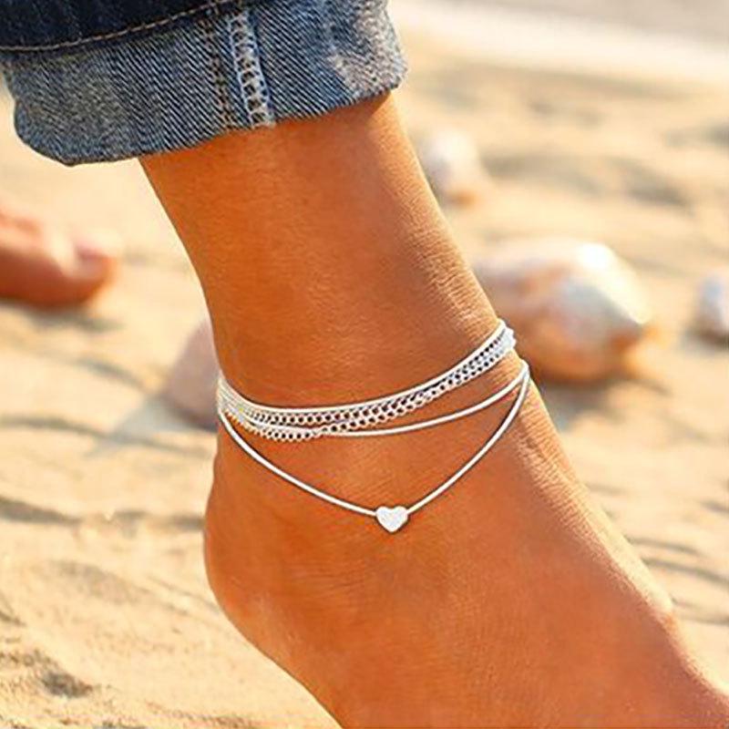 Beach Love Multi-layered Anklet Female Bohemian Heart-Shaped Peach Heart Double Chain Footwork AVE