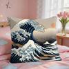 Blue Wave With Cherry Blossom Cushion Cover Square Short Plush Pillow Case Living Room Sofa Home Decor Funda X