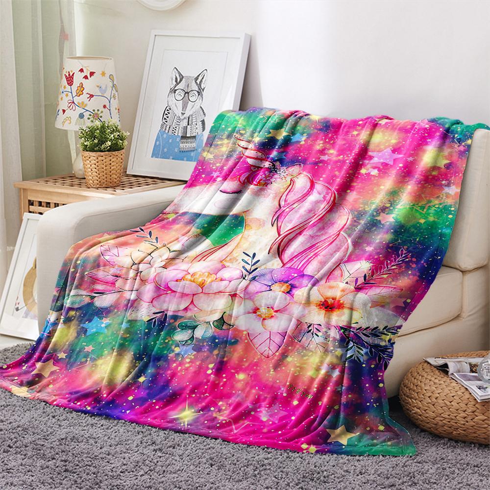 1Pc Galaxy Uni-horse Print Flannel Blanket, High quality Comfortable for All Seasons, Home Decor, Warmth and Comfort, Perfect for Gifts