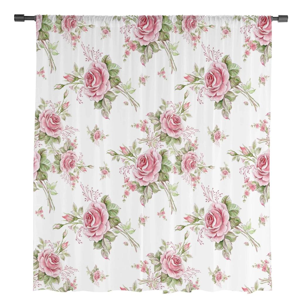 Pink Rose Romantic Luxury Tulle Curtains Modern Living Room Kitchen Chiffon Curtain Bedroom Sheer Valance Curtain