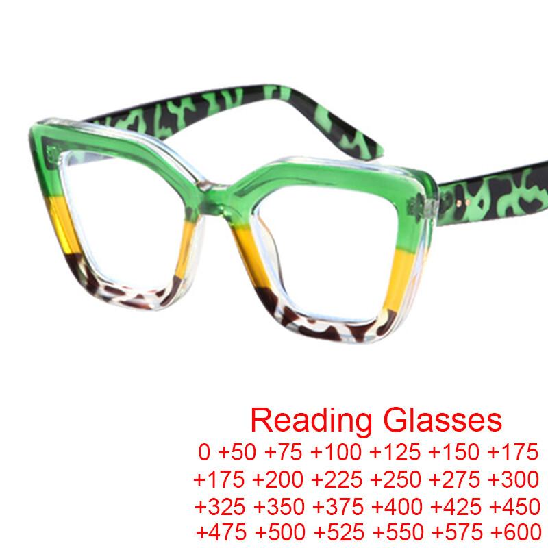 Reading Blue Light Filter Glasses Elegant Green Leopard Women'S Eyeglasses Presbyopia Magnifier Eyewear Square Thick Frames