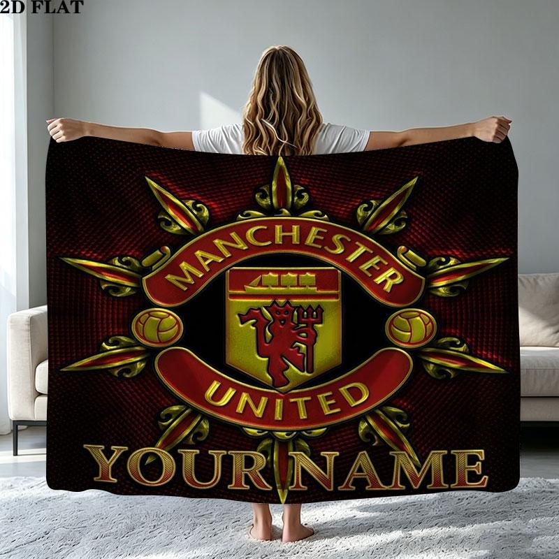 1 шт. Фланелевое одеяло с узором и возможностью кастомизации имени Manchester United F. Подходит для всех сезонов. Для домашнего декора. Тепло и уют. Подарки. Праздничный подарок.