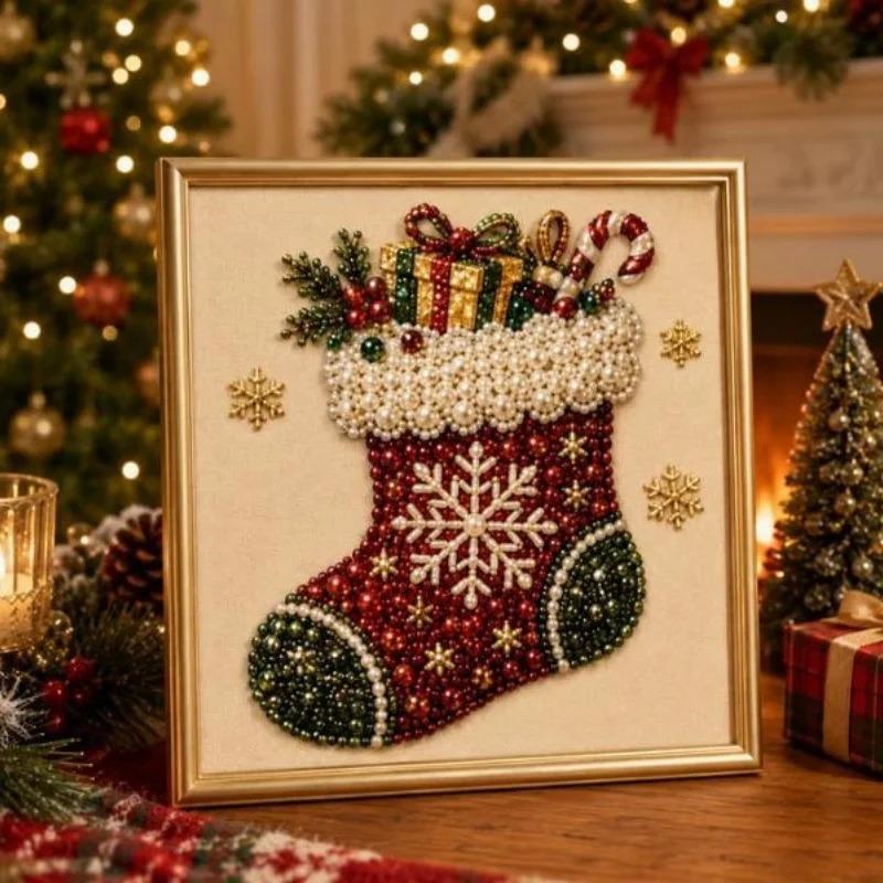 Christmas Pearl Diamond Painting Art Set With Frame DIY Pearl Beads Craft Kit For Adults Beginner Home Decor Wall Art Party Gift