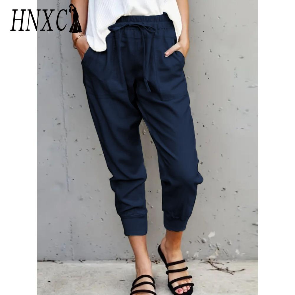 HNXC Летние женские свободные брюки большого размера однотонные простые на шнуровке прилегающие повседневные брюки-капри