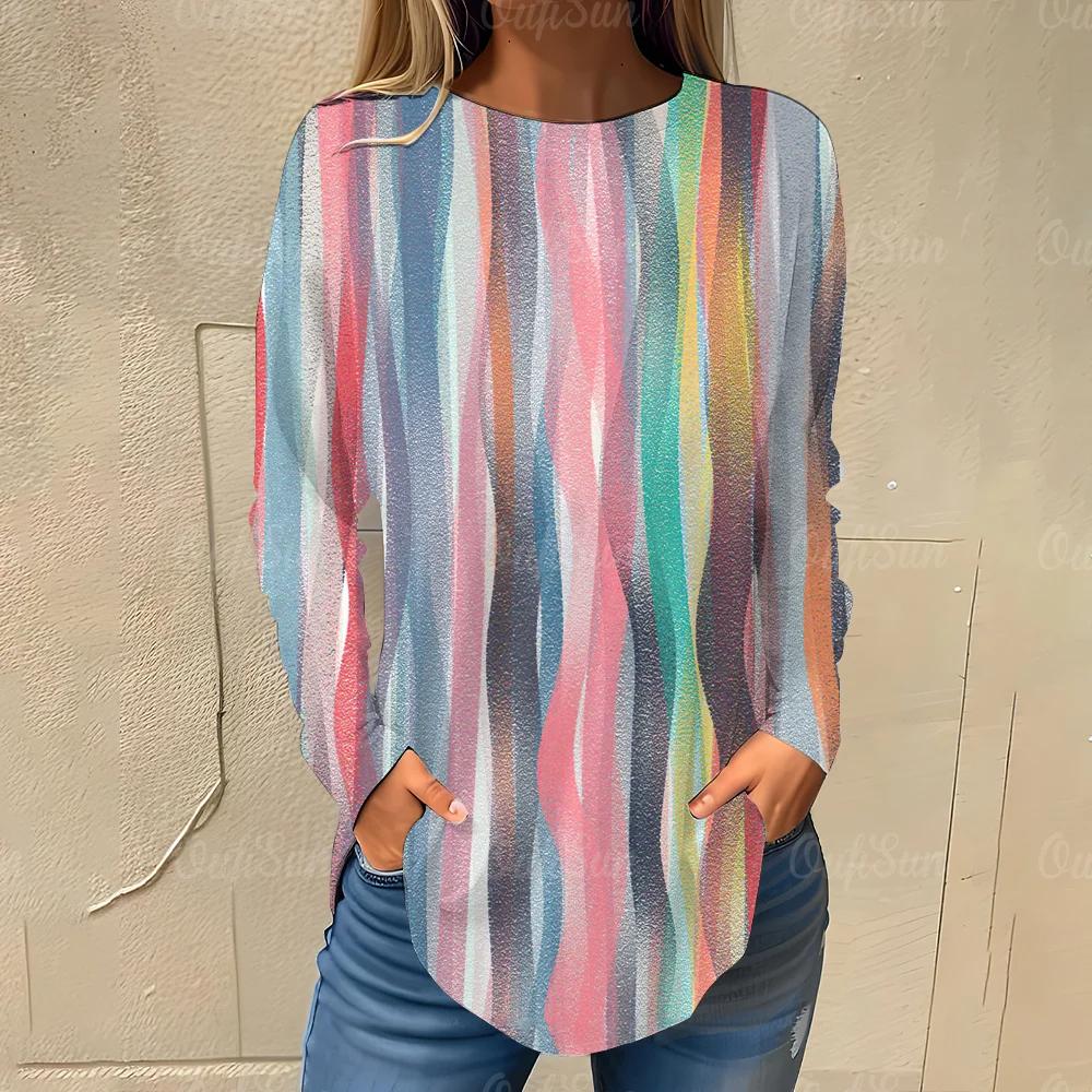 Irregular Color Blocks Pattern Print Women's T-shirts Autumn Casual Cotton Long Sleeves Tees Tops Female Clothing Streetwear