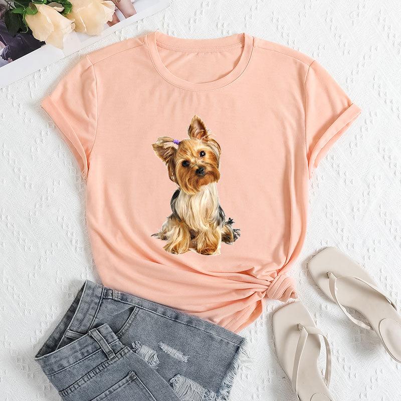 Летние женские свободные футболки с круглым вырезом и принтом собаки из чистого хлопка с короткими рукавами для женщин