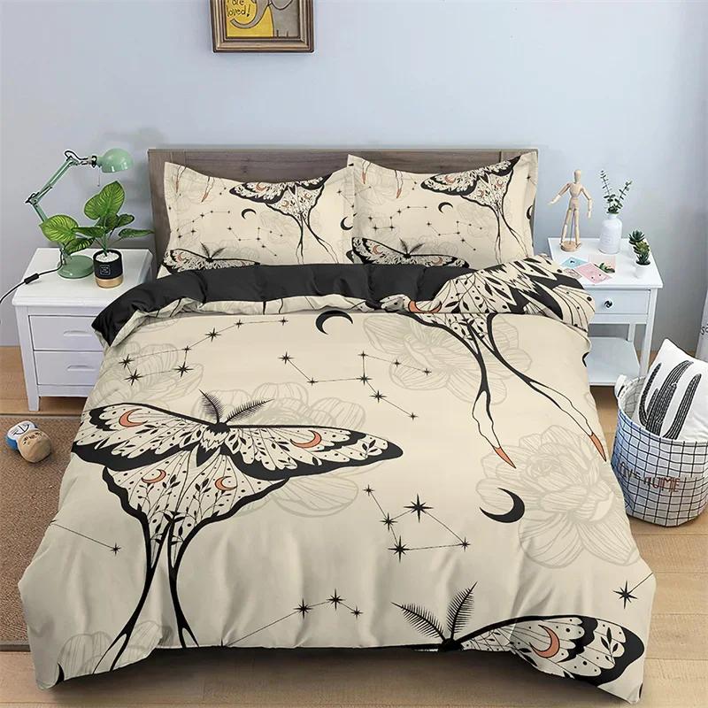 Butterfly Bedding Set Full King Size Hippie Boho Moth Duvet Cover Microfiber Animal Botanical Psychedelic Starry Sky Quilt Cover