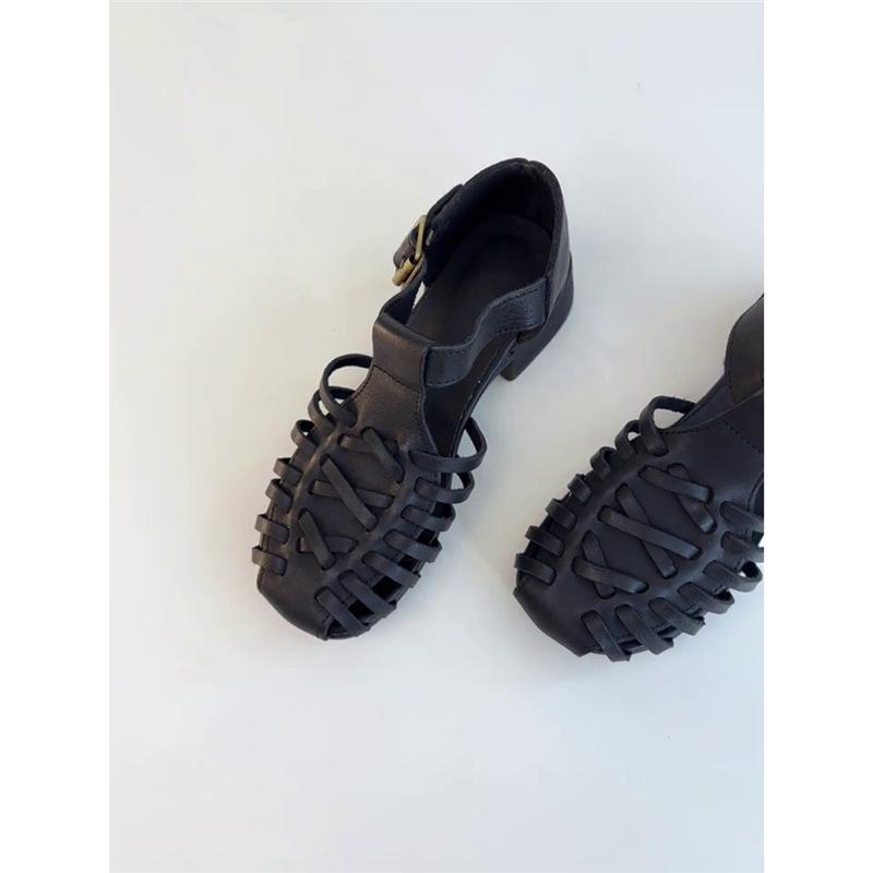 Sheepskin version~ niche retro woven open-toed outer wear summer Roman sandals women's leather thick heel with sandals