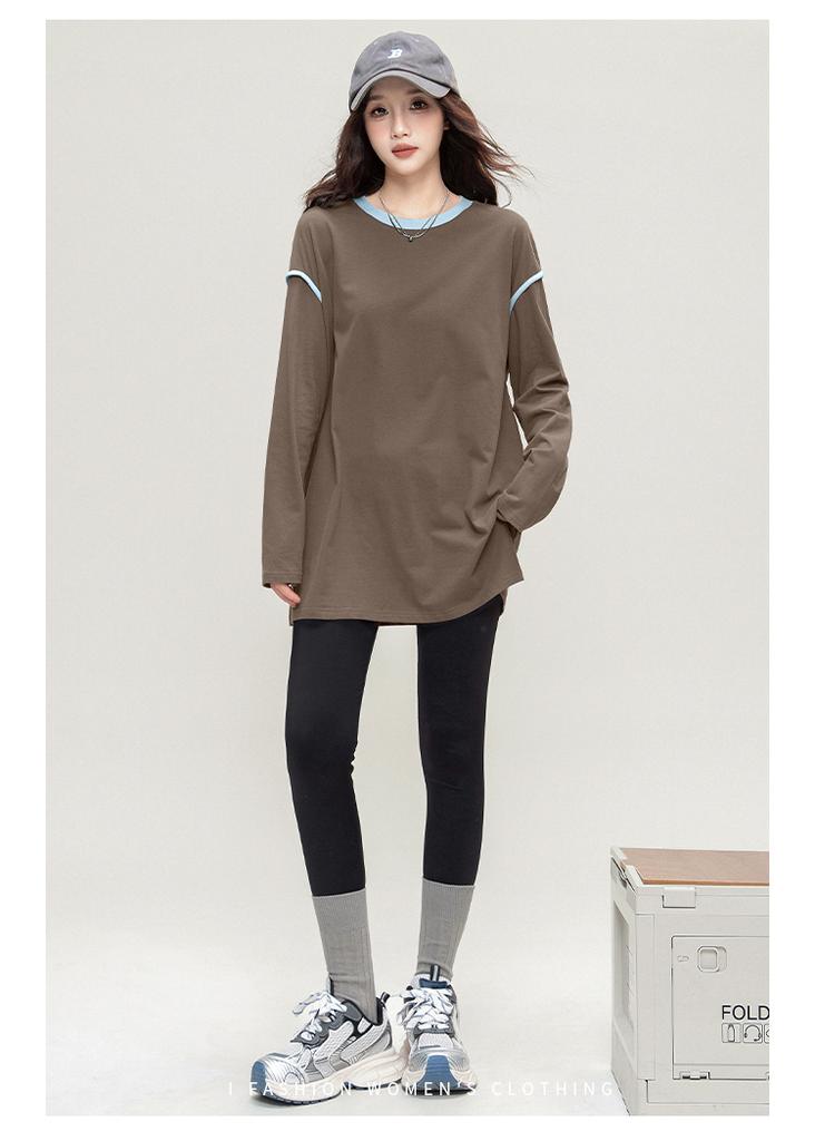 Spring and Autumn Knitted Color blocked Longsleeved T-shirt for Women