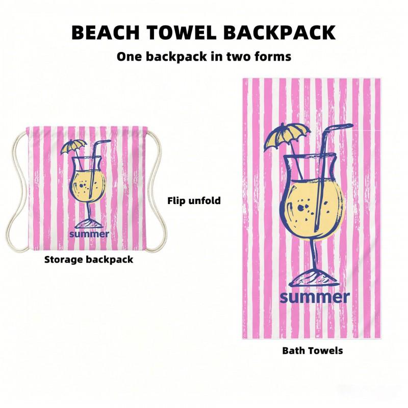 Dual-Sided Microfiber Beach Towel With Cocktail Print Quick-Dry Foldable Pool Spa Travel Outdoor Use Lightweight Absorbent Bath