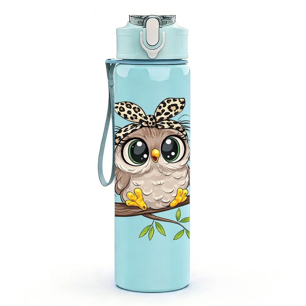 1PC Owl Bird On Branch Cartoon Print 750ml Color Plastic Sports Water Bottle Leakproof Flip Straw Lid Suitable for Sports Office Home Use