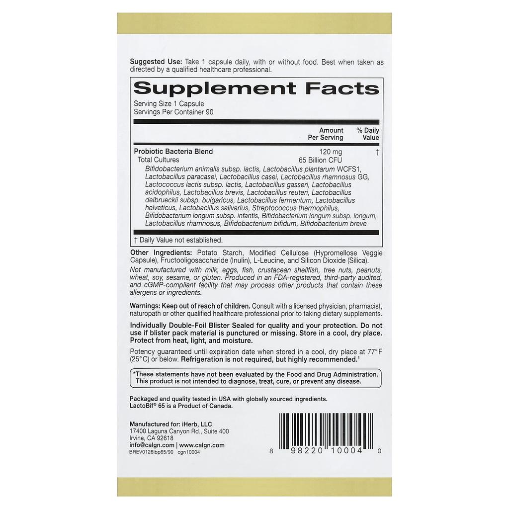 California Gold Nutrition, LactoBif® 65 Probiotics, 65 Billion CFU, 90 Veg Capsules