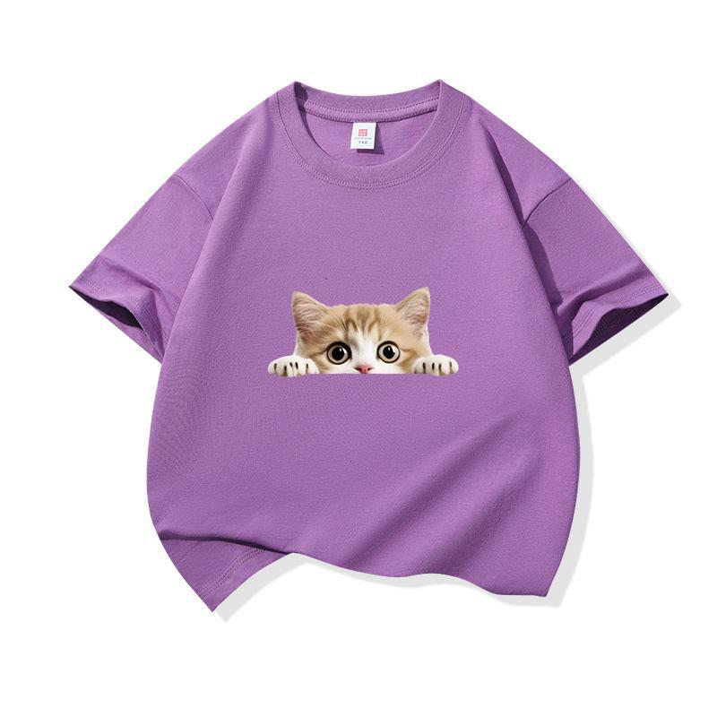 Kids Cotton T Shirt Peeking Orange Kitten Cat Print Crew Neck Short Sleeve Tee Casual Breathable Boys Girls Summer Tops