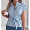 Women's Loose Casual Solid Color Button Drawstring Short Sleeved Shirt Top Short Sleeved Shirt Top