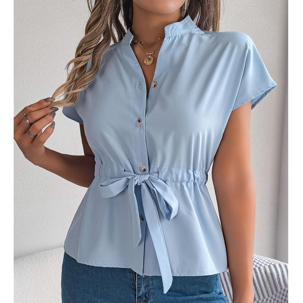 Women's Loose Casual Solid Color Button Drawstring Short Sleeved Shirt Top Short Sleeved Shirt Top