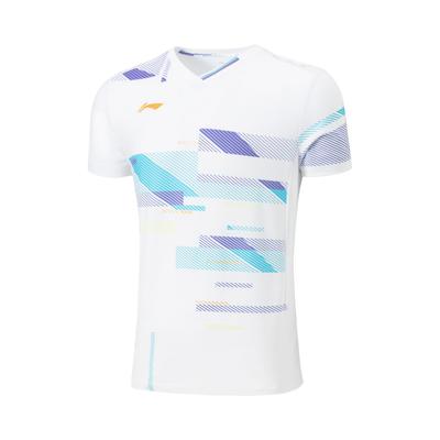 Футболка для бадминтона Li Ning Badminton Series с V-образным вырезом и принтом, удобная, дышащая, универсальная, с коротким рукавом, унисекс, топы стандартного белого цвета AAYV031-2