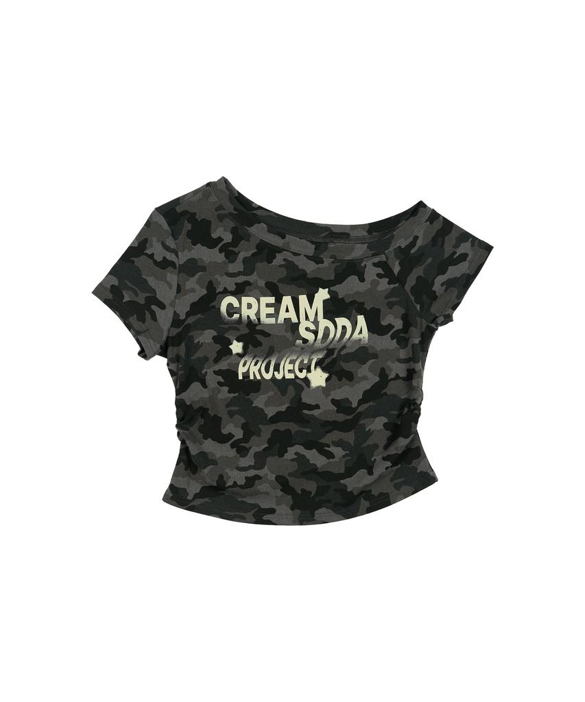 CREAM SODA LAB Camo Side Shirring One-Shoulder Crop Short Sleeve T-Shirt Gray