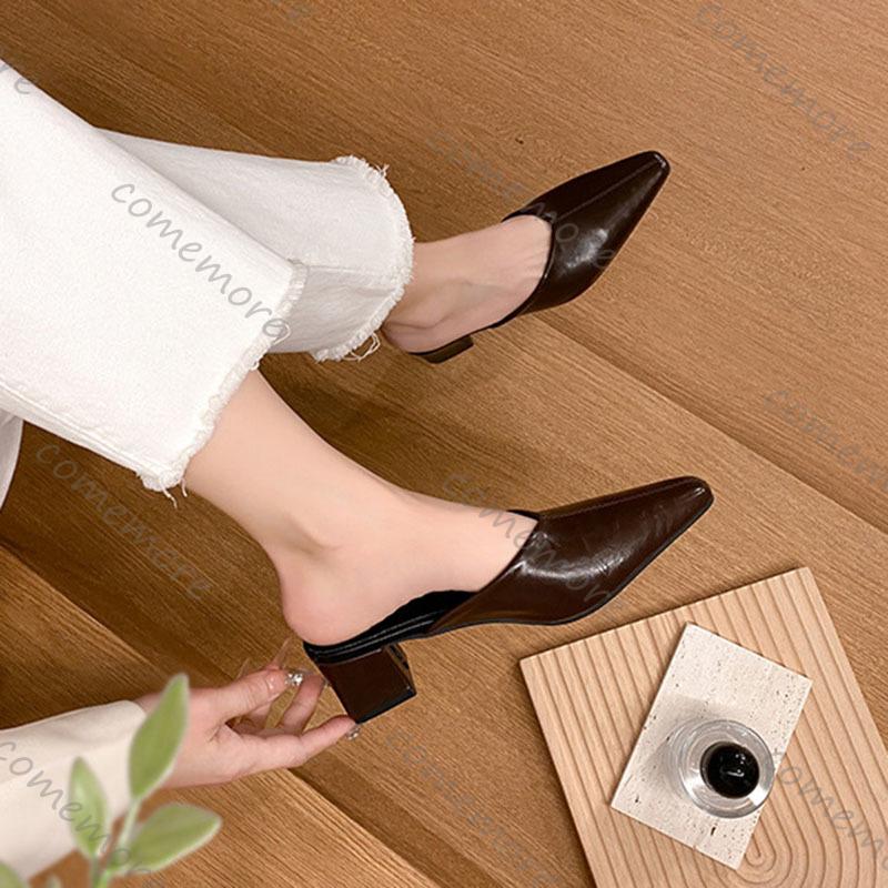 Празднуйте Летние Женские Элегантные Полушлепанцы на Толстом Каблуке для Улицы Большого Размера Мюли на Среднем Каблуке Шлепанцы Сандалии Однотонная Обувь Женская