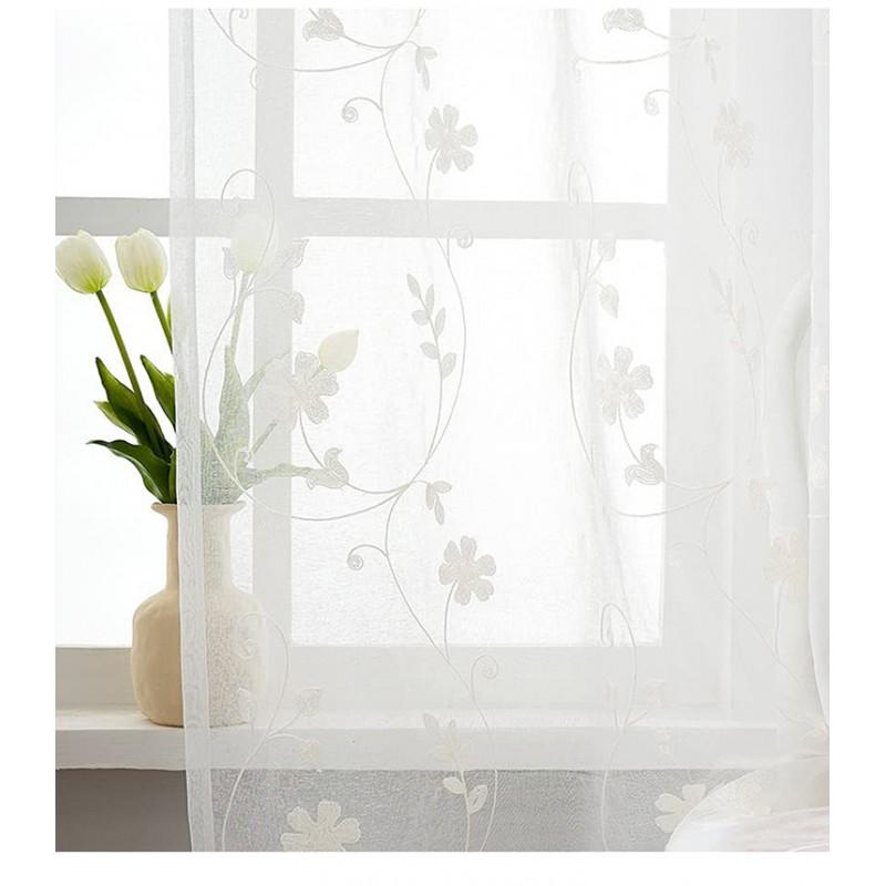 Pastoral Fresh White Embroidered Flower Vine Sheer Curtain Living Room Balcony Partition