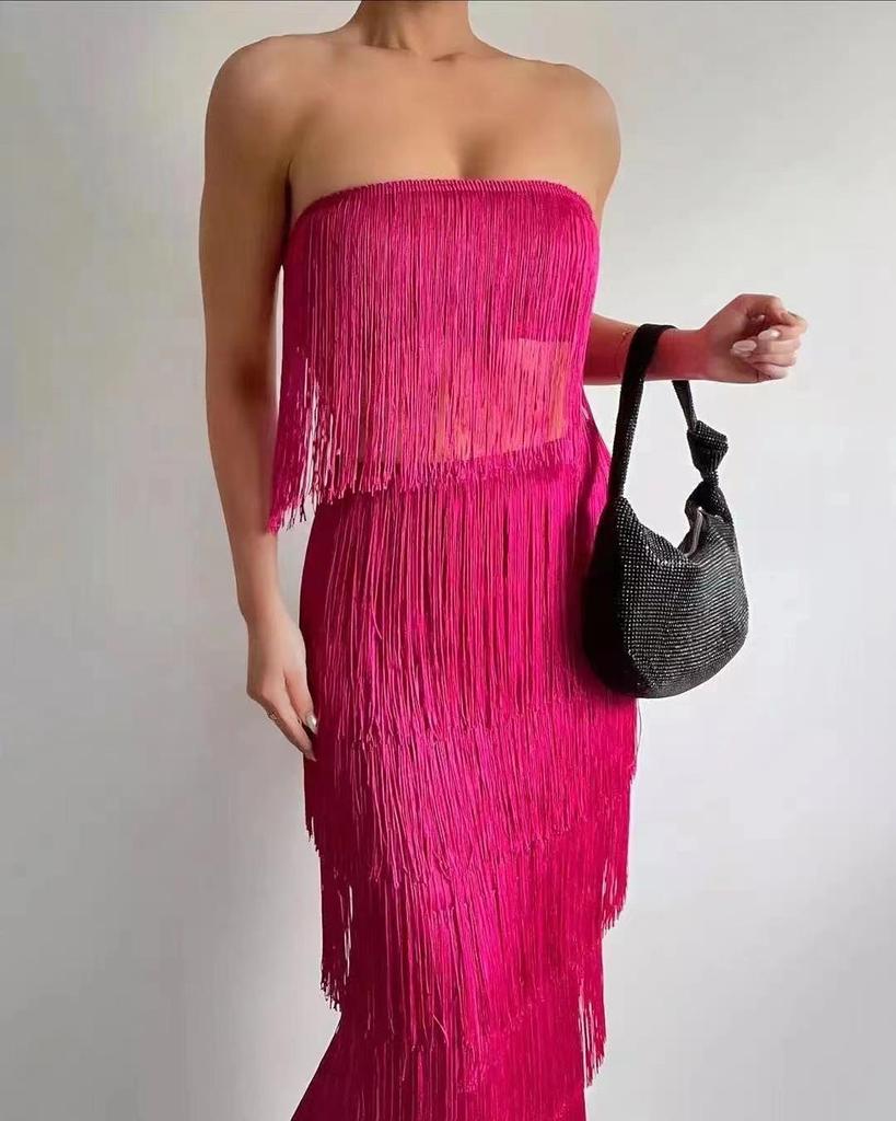 2022 One-Shoulder Two-Piece Tube Top and Tassel Long Skirt Set