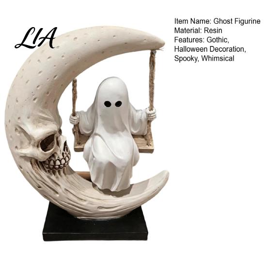Gothic Room Accessories Halloween Ghost Swing Figurine, Spooky on A Moon Statue, Unique Ornament Resin Home Decoration for Desktop, Mantel, Fireplace,